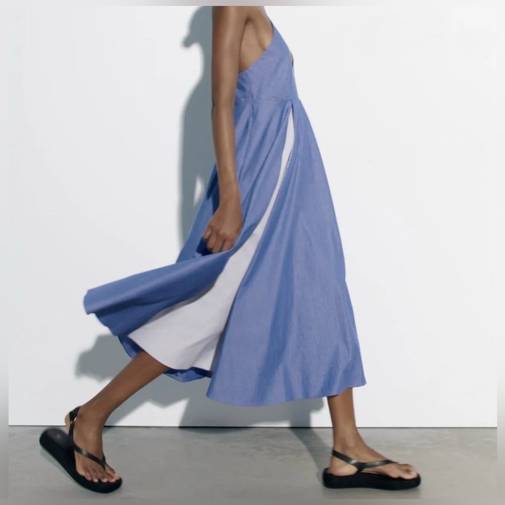 Zara Blue and White A-Line Midi Dress